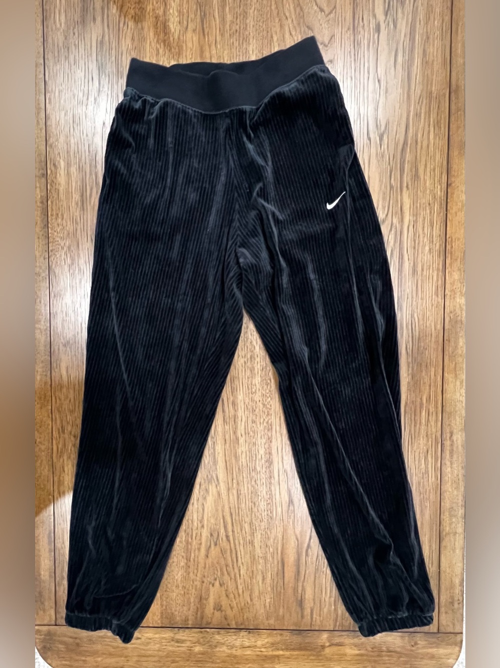Nike Black Velour Ribbed Joggers with White Swoosh